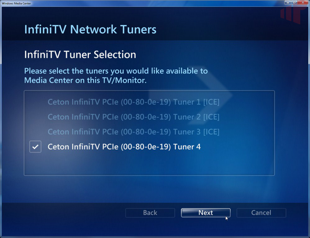 InfiniTV Tuner Selection
